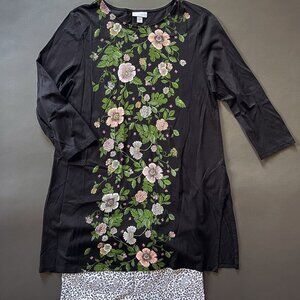 EUC J Jill Tunic Blouse Medium Black Floral Cotton 3/4 Sleeve Round Neck